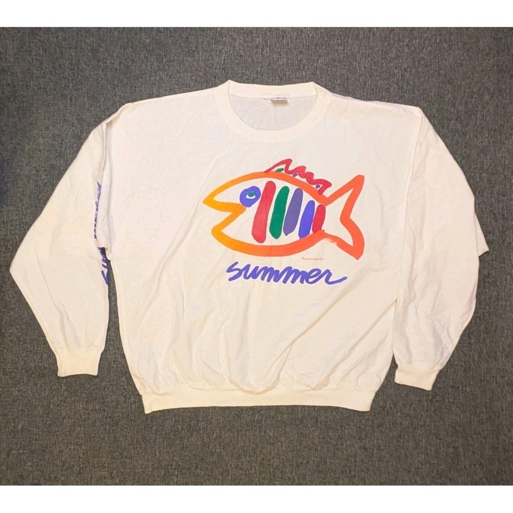 SGT Leisure 90s Surf Unisex XL Fish Logo Graphic Striped White T-Shirt Summer